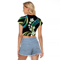 Hawaii Plumeria Raglan Cropped T Shirt Chartreuse Cyan Polynesian Pattern