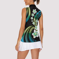 Hawaii Plumeria Women Sleeveless Polo Shirt Chartreuse Cyan Polynesian Pattern