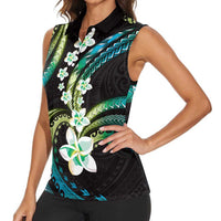 Hawaii Plumeria Women Sleeveless Polo Shirt Chartreuse Cyan Polynesian Pattern