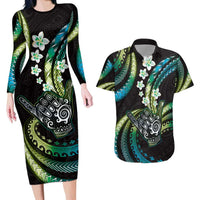 Hawaii Shaka Sign Couples Matching Long Sleeve Bodycon Dress and Hawaiian Shirt Fantastic Frangipani Chartreuse Cyan LT01 Cyan - Polynesian Pride