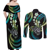 Hawaii Shaka Sign Couples Matching Off Shoulder Maxi Dress and Long Sleeve Button Shirt Fantastic Frangipani Chartreuse Cyan