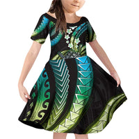 Hawaii Shaka Sign Family Matching Off Shoulder Short Dress and Hawaiian Shirt Fantastic Frangipani Chartreuse Cyan LT01 Daughter's Dress Cyan - Polynesian Pride