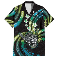 Hawaii Shaka Sign Family Matching Short Sleeve Bodycon Dress and Hawaiian Shirt Fantastic Frangipani Chartreuse Cyan LT01 Dad's Shirt - Short Sleeve Cyan - Polynesian Pride