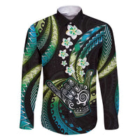 Hawaii Shaka Sign Family Matching Short Sleeve Bodycon Dress and Hawaiian Shirt Fantastic Frangipani Chartreuse Cyan LT01 Dad's Shirt - Long Sleeve Cyan - Polynesian Pride