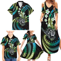 Hawaii Shaka Sign Family Matching Summer Maxi Dress and Hawaiian Shirt Fantastic Frangipani Chartreuse Cyan LT01 - Polynesian Pride