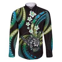 Hawaii Shaka Sign Family Matching Summer Maxi Dress and Hawaiian Shirt Fantastic Frangipani Chartreuse Cyan LT01 Dad's Shirt - Long Sleeve Cyan - Polynesian Pride