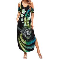 Hawaii Shaka Sign Family Matching Summer Maxi Dress and Hawaiian Shirt Fantastic Frangipani Chartreuse Cyan LT01 Mom's Dress Cyan - Polynesian Pride