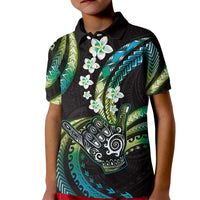 Hawaii Shaka Sign Kid Polo Shirt Fantastic Frangipani Chartreuse Cyan LT01 Kid Cyan - Polynesian Pride