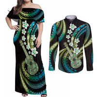 Hawaiian Ukulele Couples Matching Off Shoulder Maxi Dress and Long Sleeve Button Shirt Chartreuse Cyan Fantastic Plumeria