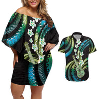 Hawaiian Ukulele Couples Matching Off Shoulder Short Dress and Hawaiian Shirt Chartreuse Cyan Fantastic Plumeria