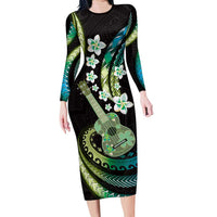 Hawaiian Ukulele Family Matching Long Sleeve Bodycon Dress and Hawaiian Shirt Chartreuse Cyan Fantastic Plumeria LT01 Mom's Dress Cyan - Polynesian Pride
