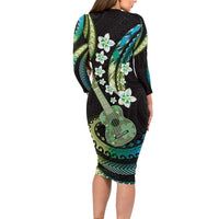 Hawaiian Ukulele Family Matching Long Sleeve Bodycon Dress and Hawaiian Shirt Chartreuse Cyan Fantastic Plumeria LT01 - Polynesian Pride