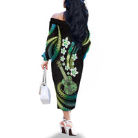Hawaiian Ukulele Family Matching Off The Shoulder Long Sleeve Dress and Hawaiian Shirt Chartreuse Cyan Fantastic Plumeria LT01 - Polynesian Pride