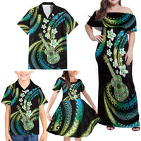 Hawaiian Ukulele Family Matching Off Shoulder Maxi Dress and Hawaiian Shirt Chartreuse Cyan Fantastic Plumeria LT01 - Polynesian Pride