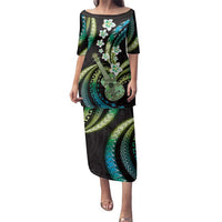 Hawaiian Ukulele Family Matching Puletasi and Hawaiian Shirt Chartreuse Cyan Fantastic Plumeria LT01 Mom's Dress Cyan - Polynesian Pride