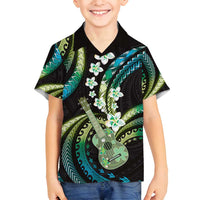 Hawaiian Ukulele Family Matching Summer Maxi Dress and Hawaiian Shirt Chartreuse Cyan Fantastic Plumeria LT01 Son's Shirt Cyan - Polynesian Pride