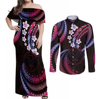 Hawaii Map Kanaka Maoli Couples Matching Off Shoulder Maxi Dress and Long Sleeve Button Shirt Fantastic Frangipani Sweet Dream