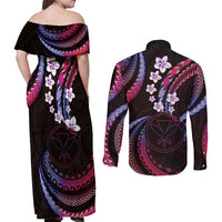 Hawaii Map Kanaka Maoli Couples Matching Off Shoulder Maxi Dress and Long Sleeve Button Shirt Fantastic Frangipani Sweet Dream