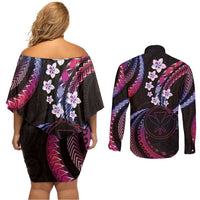 Hawaii Map Kanaka Maoli Couples Matching Off Shoulder Short Dress and Long Sleeve Button Shirt Fantastic Frangipani Sweet Dream