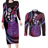 Hawaii King Kamehameha Couples Matching Long Sleeve Bodycon Dress and Long Sleeve Button Shirt Fantastic Plumeria Sweet Vibes LT01 Pink - Polynesian Pride