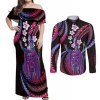 Hawaii King Kamehameha Couples Matching Off Shoulder Maxi Dress and Long Sleeve Button Shirt Fantastic Plumeria Sweet Vibes LT01 Pink - Polynesian Pride