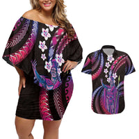 Hawaii King Kamehameha Couples Matching Off Shoulder Short Dress and Hawaiian Shirt Fantastic Plumeria Sweet Vibes LT01 Pink - Polynesian Pride