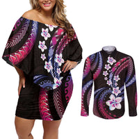Hawaii Plumeria Couples Matching Off Shoulder Short Dress and Long Sleeve Button Shirt Sweet Gradient Polynesian Pattern