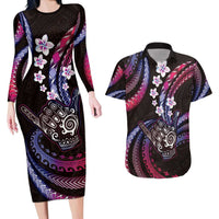 Hawaii Shaka Sign Couples Matching Long Sleeve Bodycon Dress and Hawaiian Shirt Fantastic Frangipani Sweet Vibes LT01 Pink - Polynesian Pride