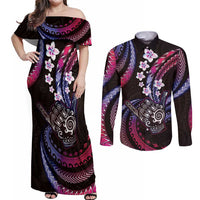 Hawaii Shaka Sign Couples Matching Off Shoulder Maxi Dress and Long Sleeve Button Shirt Fantastic Frangipani Sweet Vibes