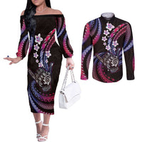 Hawaii Shaka Sign Couples Matching Off The Shoulder Long Sleeve Dress and Long Sleeve Button Shirt Fantastic Frangipani Sweet Vibes LT01 Pink - Polynesian Pride