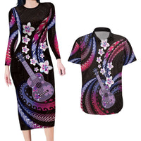 Hawaiian Ukulele Couples Matching Long Sleeve Bodycon Dress and Hawaiian Shirt Sweet Dream Fantastic Plumeria LT01 Pink - Polynesian Pride