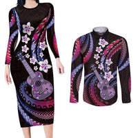 Hawaiian Ukulele Couples Matching Long Sleeve Bodycon Dress and Long Sleeve Button Shirt Sweet Dream Fantastic Plumeria LT01 Pink - Polynesian Pride