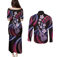 Hawaiian Ukulele Couples Matching Puletasi and Long Sleeve Button Shirt Sweet Dream Fantastic Plumeria