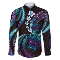 Hawaii Turtles Plumeria Family Matching Long Sleeve Bodycon Dress and Hawaiian Shirt Amethyst Gradient Polynesian Pattern