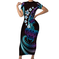 Hawaii Turtles Plumeria Family Matching Short Sleeve Bodycon Dress and Hawaiian Shirt Amethyst Gradient Polynesian Pattern