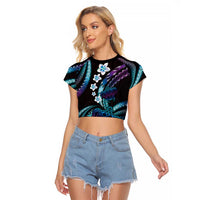 Hawaii Turtles Plumeria Raglan Cropped T Shirt Amethyst Gradient Polynesian Pattern
