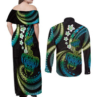 Hawaii Turtles Plumeria Couples Matching Off Shoulder Maxi Dress and Long Sleeve Button Shirt Chartreuse Cyan Polynesian Pattern