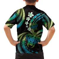 Hawaii Turtles Plumeria Family Matching Long Sleeve Bodycon Dress and Hawaiian Shirt Chartreuse Cyan Polynesian Pattern LT01 - Polynesian Pride