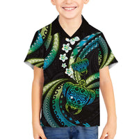 Hawaii Turtles Plumeria Family Matching Off The Shoulder Long Sleeve Dress and Hawaiian Shirt Chartreuse Cyan Polynesian Pattern LT01 Son's Shirt Cyan - Polynesian Pride