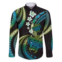 Hawaii Turtles Plumeria Family Matching Off Shoulder Short Dress and Hawaiian Shirt Chartreuse Cyan Polynesian Pattern