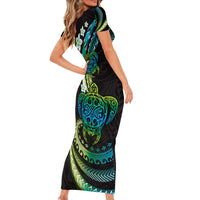 Hawaii Turtles Plumeria Family Matching Short Sleeve Bodycon Dress and Hawaiian Shirt Chartreuse Cyan Polynesian Pattern