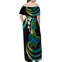 Hawaii Turtles Plumeria Off Shoulder Maxi Dress Chartreuse Cyan Polynesian Pattern