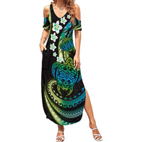 Hawaii Turtles Plumeria Summer Maxi Dress Chartreuse Cyan Polynesian Pattern