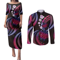 Hawaii Turtles Plumeria Couples Matching Puletasi and Long Sleeve Button Shirt Sweet Gradient Polynesian Pattern