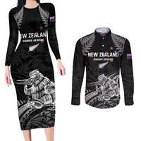 Custom New Zealand 2024 Rugby Couples Matching Long Sleeve Bodycon Dress and Long Sleeve Button Shirt Silver Fern Aotearoa Kiwi LT01 Black - Polynesian Pride