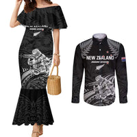 Custom New Zealand 2024 Rugby Couples Matching Mermaid Dress and Long Sleeve Button Shirt Silver Fern Aotearoa Kiwi LT01 Black - Polynesian Pride