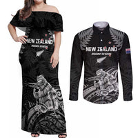 Custom New Zealand 2024 Rugby Couples Matching Off Shoulder Maxi Dress and Long Sleeve Button Shirt Silver Fern Aotearoa Kiwi LT01 Black - Polynesian Pride