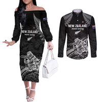 Custom New Zealand 2024 Rugby Couples Matching Off The Shoulder Long Sleeve Dress and Long Sleeve Button Shirt Silver Fern Aotearoa Kiwi LT01 Black - Polynesian Pride