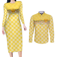 Hawaii Palaka Pikake Lokelani Plumeria Couples Matching Long Sleeve Bodycon Dress and Long Sleeve Button Shirt Melemele Coquette Bow LT01 Yellow - Polynesian Pride