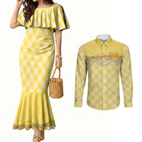 Hawaii Palaka Pikake Lokelani Plumeria Couples Matching Mermaid Dress and Long Sleeve Button Shirt Melemele Coquette Bow LT01 Yellow - Polynesian Pride